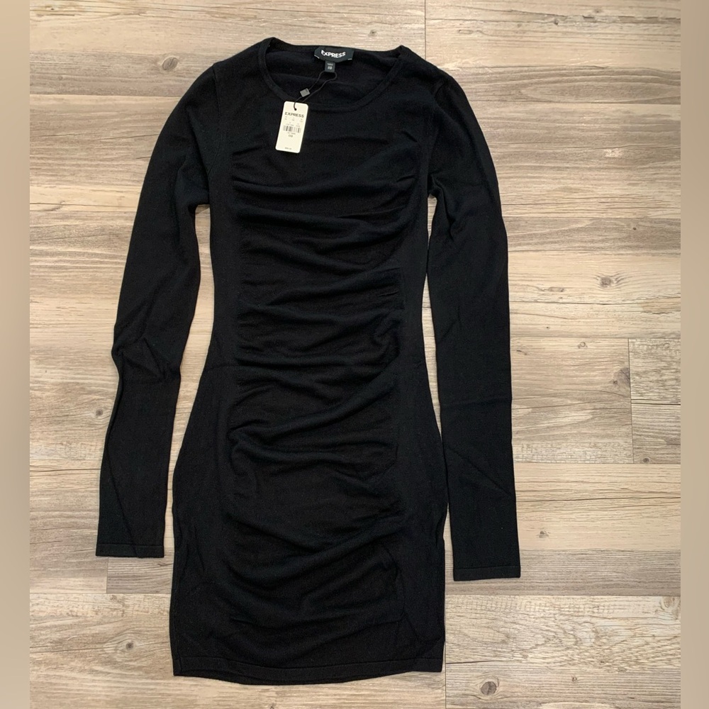 Express Black Ruched Long Sleeve Dress